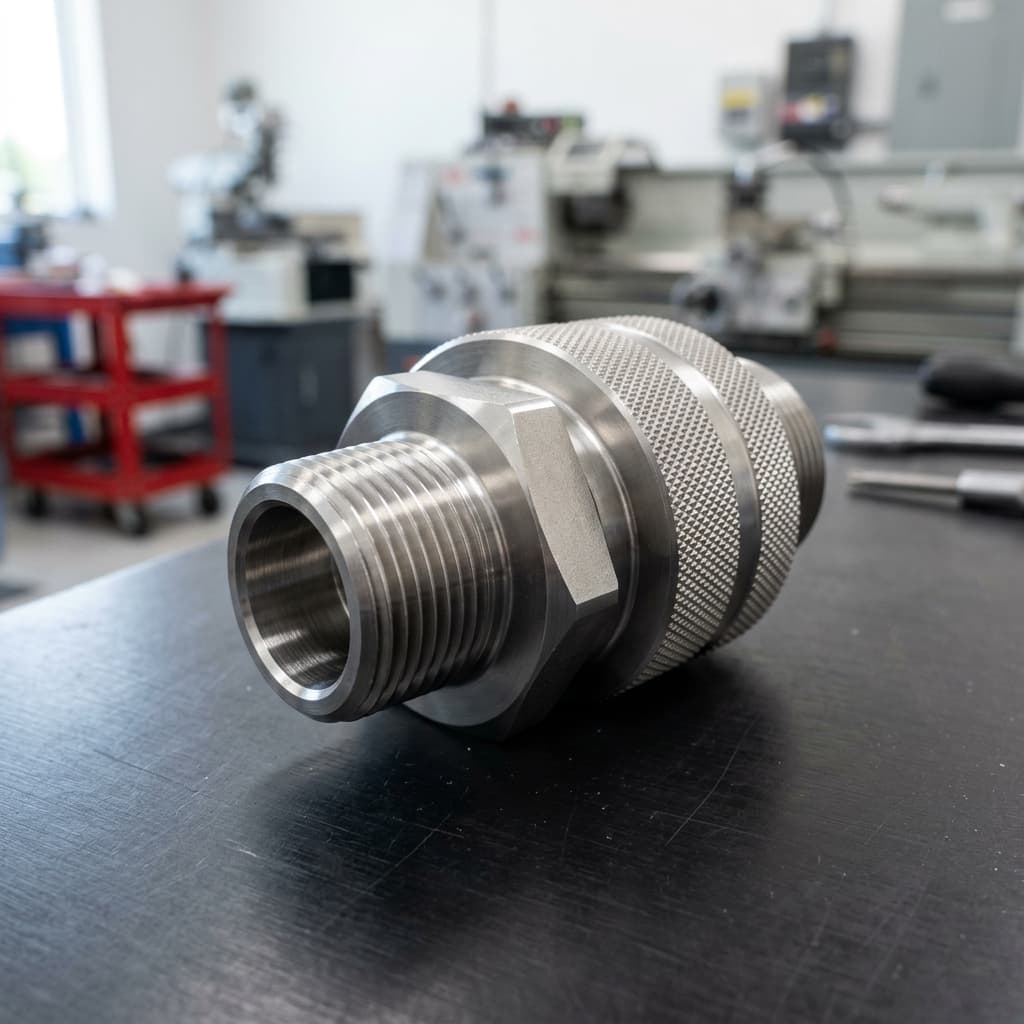 Stainless steel threaded coupling parts in a studio setup